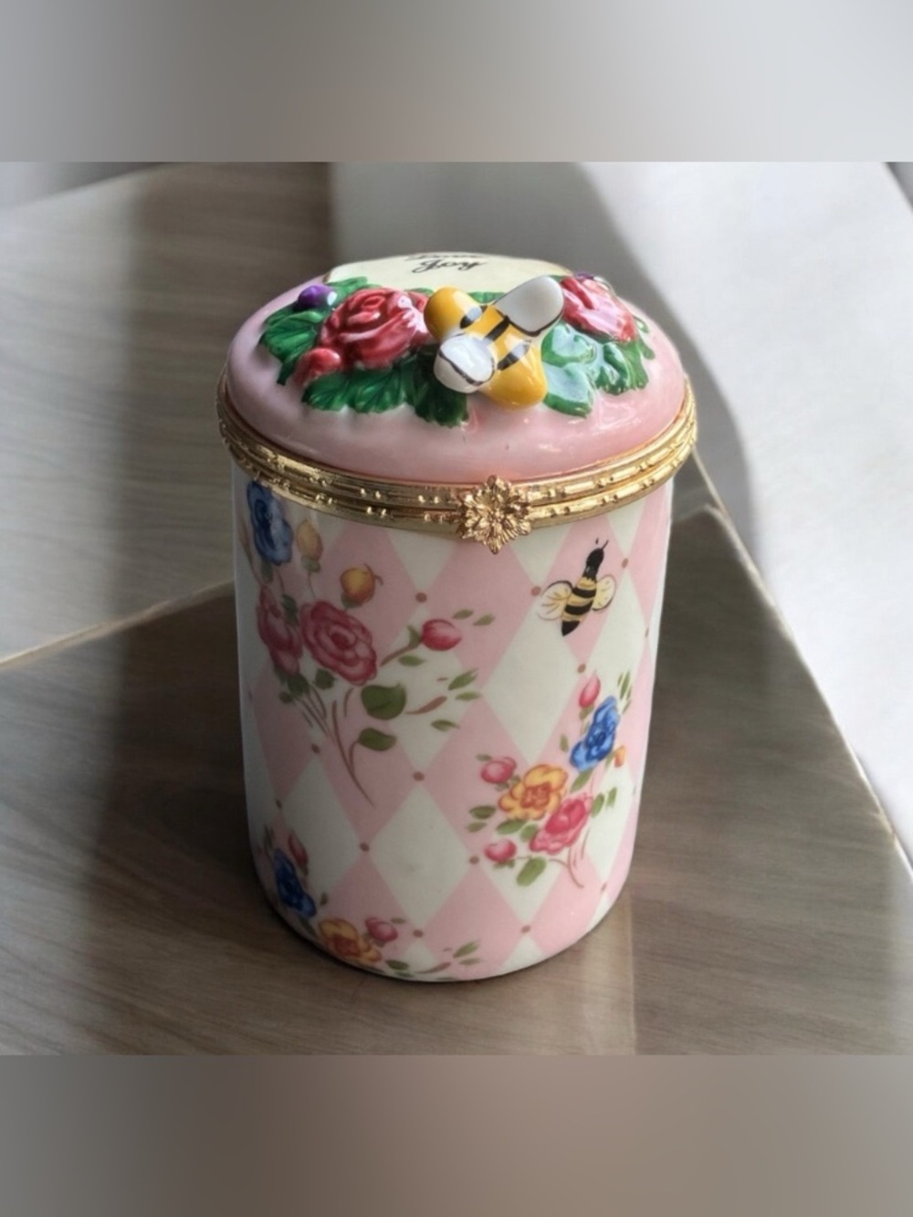Vintage Bombay Company Floral Bee Porcelain Hinged Trinket Box Candle Holder